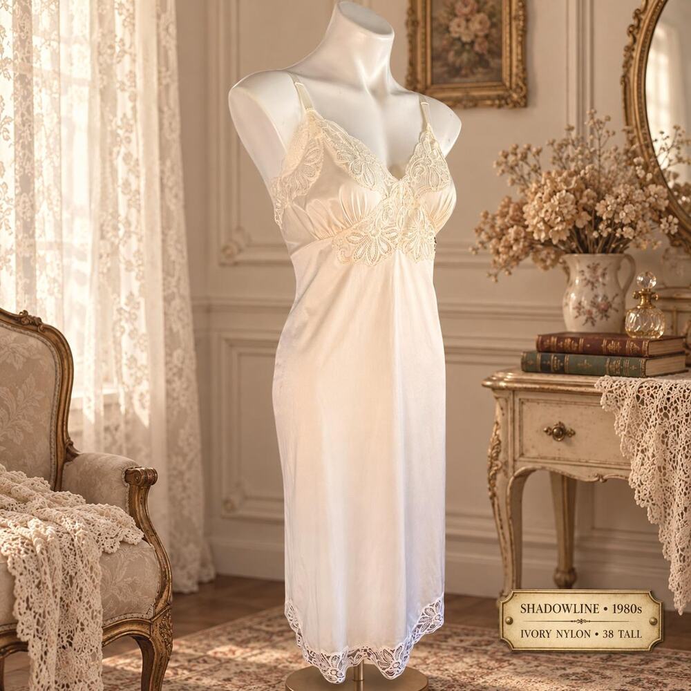 Vintage Shadowline Nylon Full Slip 1980s Lace Crisscross Ivory 38 Tall